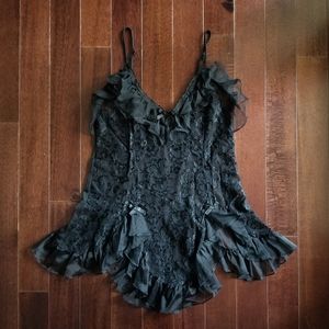 VTG Y2K Black Lace Peplum Camisole Lingerie Top M